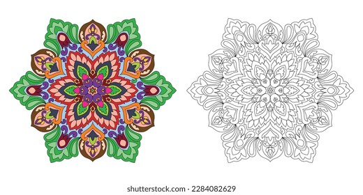 Decorative rounded mandala coloring book page illustration