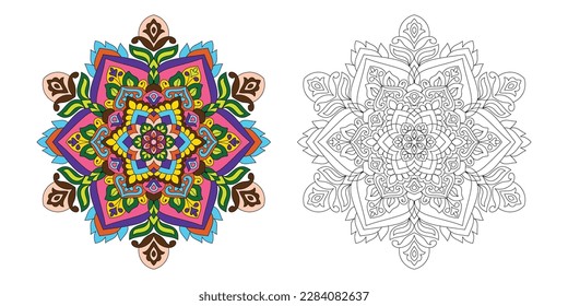Decorative rounded mandala coloring book page illustration