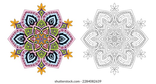 Decorative rounded mandala coloring book page illustration