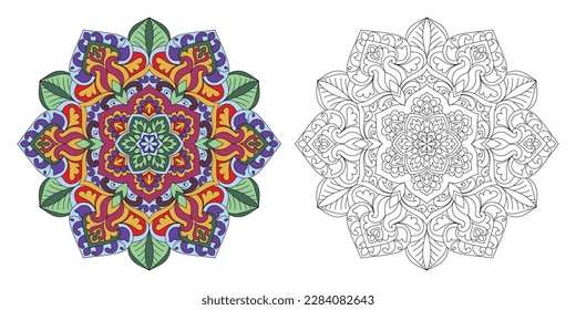 Decorative rounded mandala coloring book page illustration