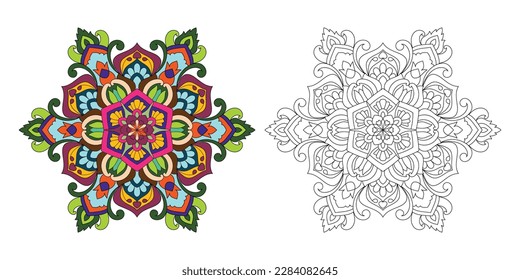 Decorative rounded mandala coloring book page illustration