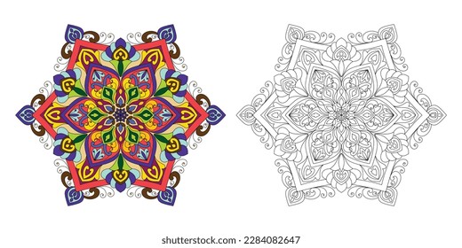 Decorative rounded mandala coloring book page illustration