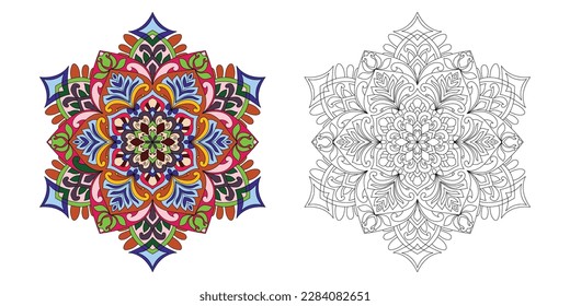 Decorative rounded mandala coloring book page illustration