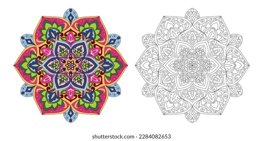 Decorative rounded mandala coloring book page illustration