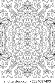 Decorative rounded mandala coloring book page illustration
