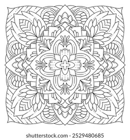 Decorative rounded mandala coloring book page illustration. Used for kid education and adult relaxation activity