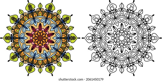 Mandala redondeada decorativa página del libro de colorear diseño en ángulo zen para adultos plantilla de ilustración vectorial