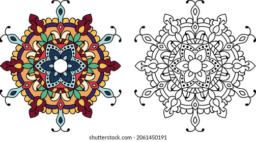 Decorative rounded mandala zen tangle design colouring book page for adults vector illustration template