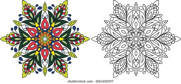 Decorative rounded mandala zen tangle design colouring book page for adults vector illustration template