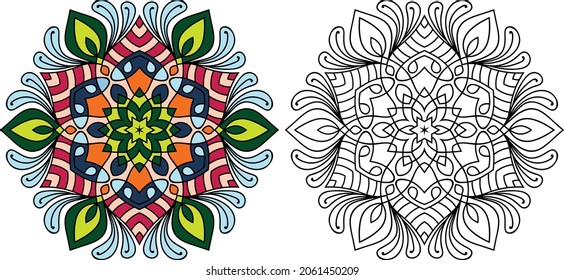 Mandala redondeada decorativa página del libro de colorear diseño en ángulo zen para adultos plantilla de ilustración vectorial