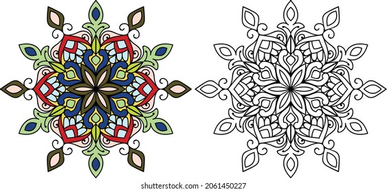 Decorative rounded mandala zen tangle design colouring book page for adults vector illustration template