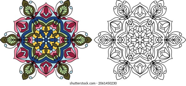 Decorative rounded mandala zen tangle design colouring book page for adults vector illustration template