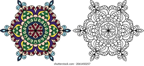 Decorative rounded mandala zen tangle design colouring book page for adults vector illustration template