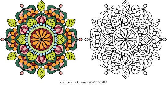Decorative rounded mandala zen tangle design colouring book page for adults vector illustration template