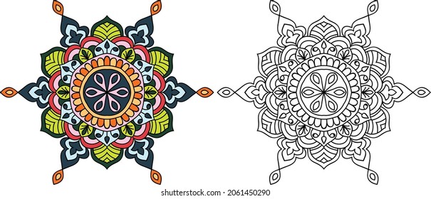 Decorative rounded mandala zen tangle design colouring book page for adults vector illustration template