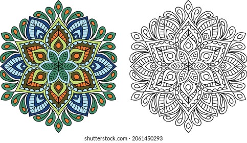 Mandala redondeada decorativa página del libro de colorear diseño en ángulo zen para adultos plantilla de ilustración vectorial