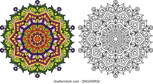 Decorative rounded mandala zen tangle design colouring book page for adults vector illustration template