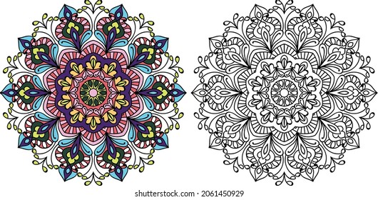 Decorative rounded mandala zen tangle design colouring book page for adults vector illustration template