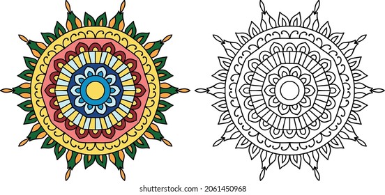 Mandala redondeada decorativa página del libro de colorear diseño en ángulo zen para adultos plantilla de ilustración vectorial