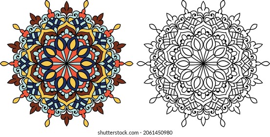 Decorative rounded mandala zen tangle design colouring book page for adults vector illustration template