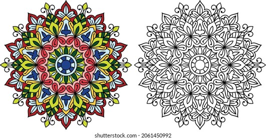 Decorative rounded mandala zen tangle design colouring book page for adults vector illustration template