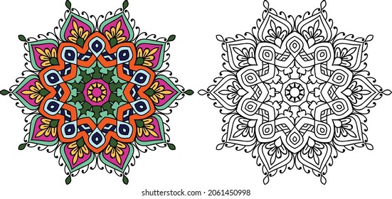 Decorative rounded mandala zen tangle design colouring book page for adults vector illustration template