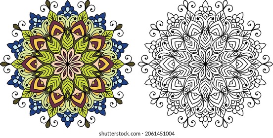 Decorative rounded mandala zen tangle design colouring book page for adults vector illustration template