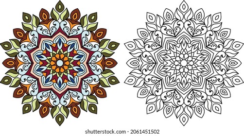 Mandala redondeada decorativa página del libro de colorear diseño en ángulo zen para adultos plantilla de ilustración vectorial