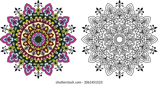 Mandala redondeada decorativa página del libro de colorear diseño en ángulo zen para adultos plantilla de ilustración vectorial