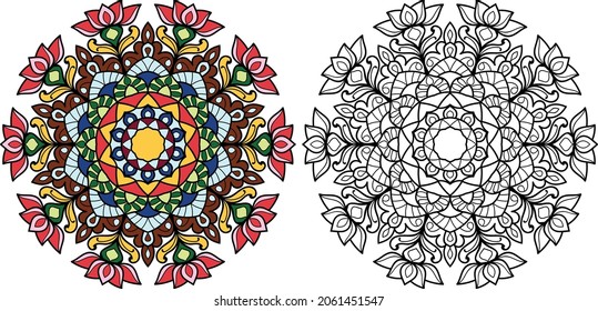 Decorative rounded mandala zen tangle design colouring book page for adults vector illustration template
