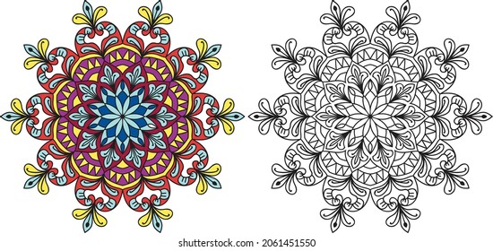 Decorative rounded mandala zen tangle design colouring book page for adults vector illustration template