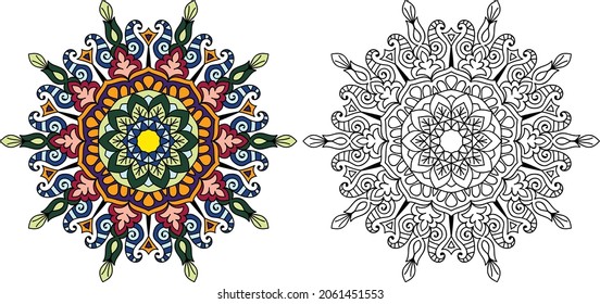 Mandala redondeada decorativa página del libro de colorear diseño en ángulo zen para adultos plantilla de ilustración vectorial