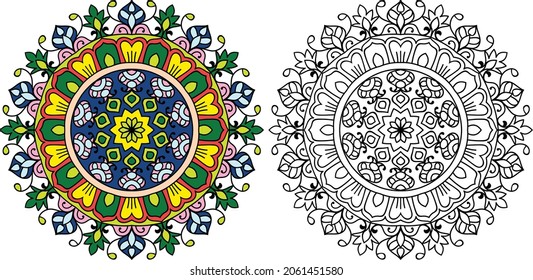 Decorative rounded mandala zen tangle design colouring book page for adults vector illustration template