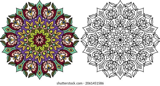 Decorative rounded mandala zen tangle design colouring book page for adults vector illustration template