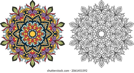 Mandala redondeada decorativa página del libro de colorear diseño en ángulo zen para adultos plantilla de ilustración vectorial