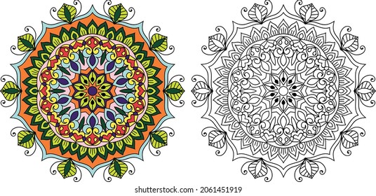 Decorative rounded mandala zen tangle design colouring book page for adults vector illustration template