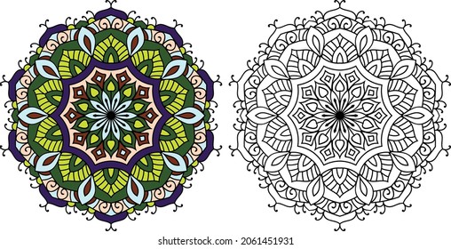 Mandala redondeada decorativa página del libro de colorear diseño en ángulo zen para adultos plantilla de ilustración vectorial