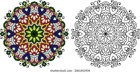 Decorative rounded mandala zen tangle design colouring book page for adults vector illustration template