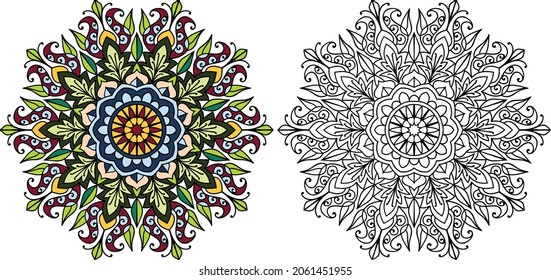 Decorative rounded mandala zen tangle design colouring book page for adults vector illustration template