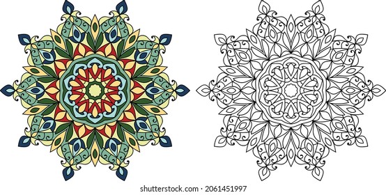 Decorative rounded mandala zen tangle design colouring book page for adults vector illustration template