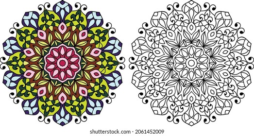 Mandala redondeada decorativa página del libro de colorear diseño en ángulo zen para adultos plantilla de ilustración vectorial