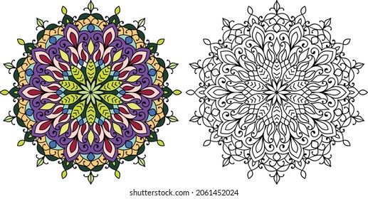 Decorative rounded mandala zen tangle design colouring book page for adults vector illustration template