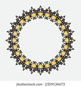 decorative royal round frame, black and yellow ornamental border Indian and Arabic style, abstract floral cycle ornament design, vector illustration