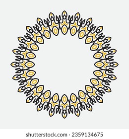 decorative royal round frame, black and yellow ornamental border Indian and Arabic style, abstract floral cycle ornament design, vector illustration