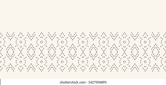 Decorative running stitch embroidery border. Victorian diamond needlework pattern. Hand drawn ornamental textile ribbon. Ecru cream home decor edging. Monochrome chevron seamless vector background.