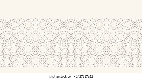 Decorative running stitch embroidery border pattern. Arabic star needlework. Hand drawn ornamental textile ribbon trim. Ecru cream home decor. Monochrome simple starry grid. Seamless vector banner 