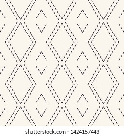 Decorative running stitch embroidery  pattern. Victorian diamond needlework seamless vector background. Hand drawn ornamental textile print. Ecru cream handicraft home decor. Monochrome simple chevron