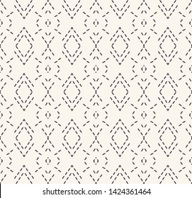 Decorative running stitch embroidery pattern. Victorian diamond needlework seamless vector background. Hand drawn ornamental textile print. Ecru cream handicraft home decor. Monochrome simple chevron
