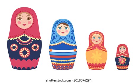 Decorative russian dolls. Matryoshka dolls, flat tourist souvenirs from Russia vector set