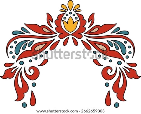 Decorative Russian folk art element in red, blue, and yellow. Symmetrical arch-shaped floral ornament inspired by traditional Khokhloma and Slavic patterns. Vector on white background.
